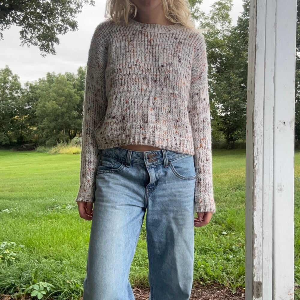 Emory Park Speckled Confetti Knit Cropped Sweater Size Medium Cream Earth Tones